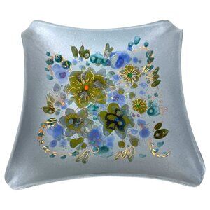 VTG Sascha Brastoff Ashtray Signed Blue Hand Painted Floral MCM Ceramic Pottery